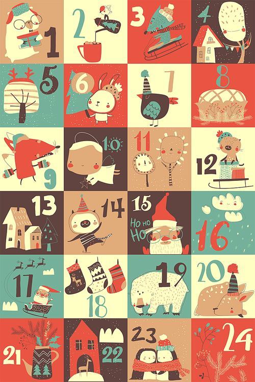 Advent calendar with christmas decoration and characters. Vector illustartion