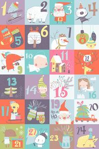 Advent calendar with Christmas decoration and characters. Vector illustration