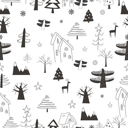 Vector seamless pattern with village in the forest on a white background