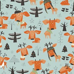 Vector seamless pattern with cute cartoon little deers in the forest