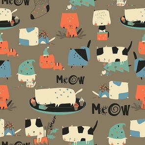 Vector seamless pattern with cute crazy cats and Christmas elements