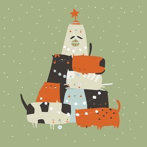Fir-tree of cats. Spruce of pet. Christmas tree from cats. Vector illustration
