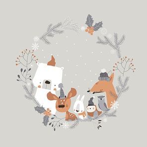 Cute cartoon animals meeting holiday in winter wreath. Vector illustration