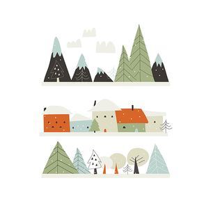 Cartoon winter landscape with houses,mountains and trees. Vector illustration