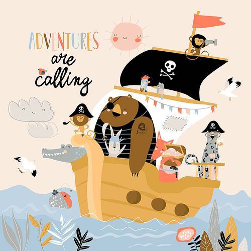 Cute cartoon animals pirates sailing in their ship. Vector illustration