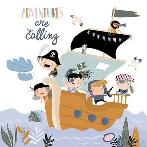 Cute pirates sailing in their ship. Vector illustration