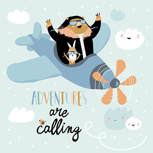 Cute bear and rabbit on a plane in the sky. Vector illustration