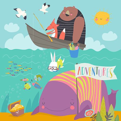 Cute animals catches on a fishing rod in little boat. Vector cartoon illustration