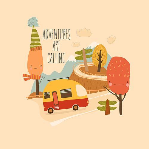 Little trailer driving on the mountain road. Vector illustration