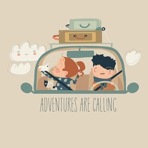 Happy family with pet travelling by car. Vector illustration