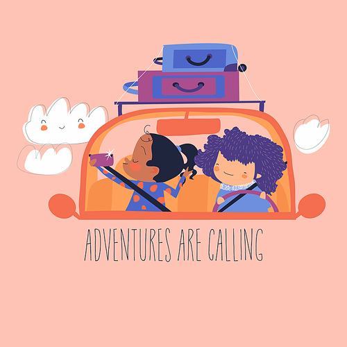 Cartoon happy girls travelling by car with luggage. Vector illustration