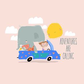 Cute Elephant and little girl traveling in car. Vector illustration