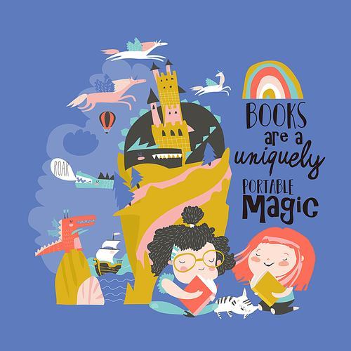Cute girls reading fairy tale and dreaming. Vector illustration