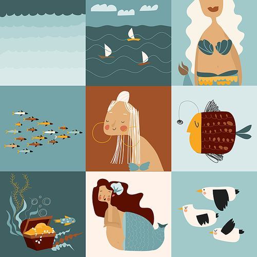 Vector set of cartoon beautiful mermaids and sea elements