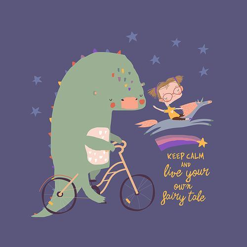Funny cartoon dinosaur ride on a bicycle. Cute dragon traveler and little girl. Vector illustration