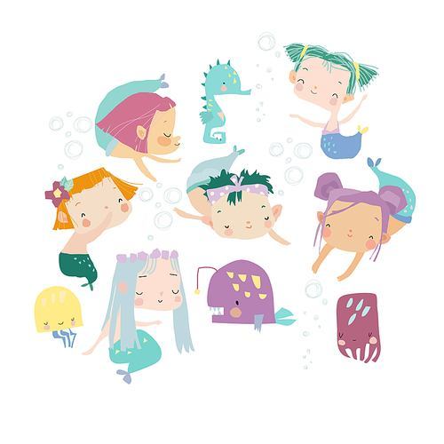 Mermaid girls vector illustration. Cute cartoon set with little mermaids. Under the sea