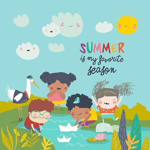 Happy children play with paper boat. Hello summer. Vector illustration