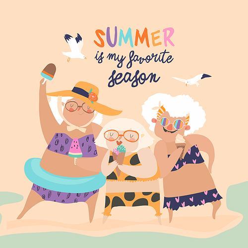 Cute funny old ladies with ice cream. Vector illustration