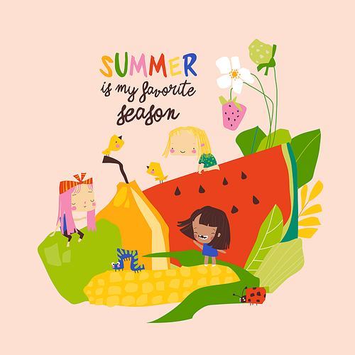Happy children sitting on big summer fruits. Vector illustration