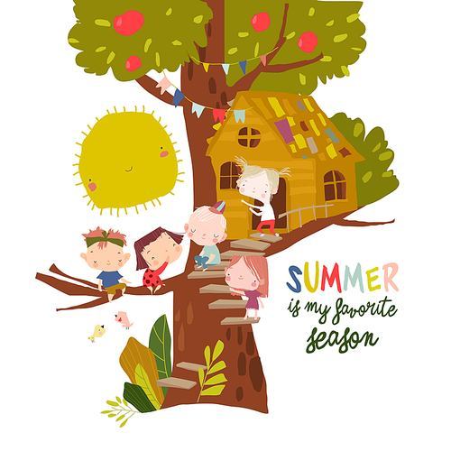 Happy Children playing on Treehouse on white background. Vector illustration