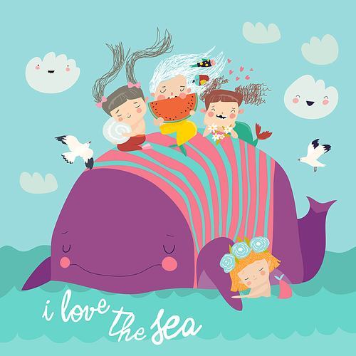 Cute little mermaids with big whale in the blue sea. Vector illustration