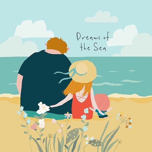 Cute Family sitting on Seaside and seeing on the Sea. Vector Illustration