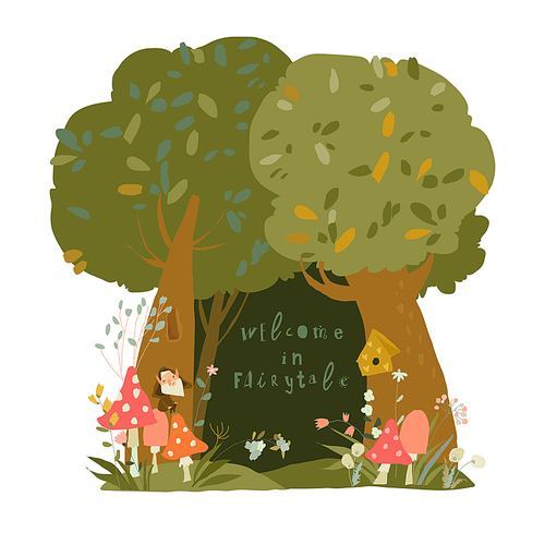 A beautiful woodland summer scene with trees and grass and space in the centre. Vector illustration