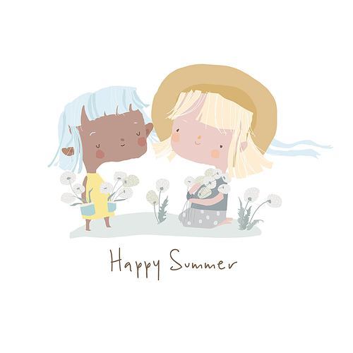 Cute cartoon girls holding Dandelions. Hello summer. Vector illustration