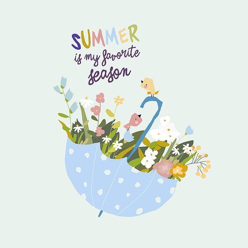 Blue umbrella with flowers and birds. Hello Summer. Vector illustration