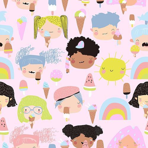 Vector seamless pattern of cute kid faces with ice cream on pink background