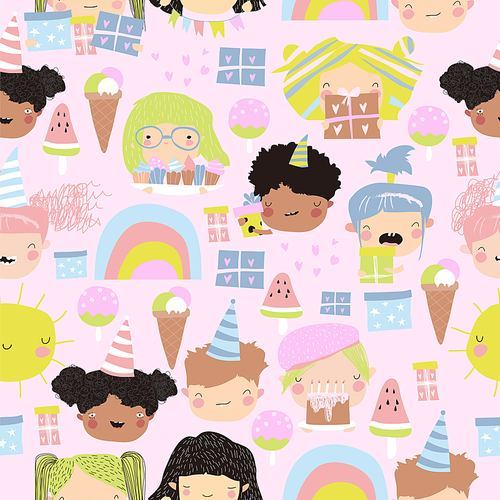 Vector seamless pattern of cute kid faces with birthday party elements on pink background