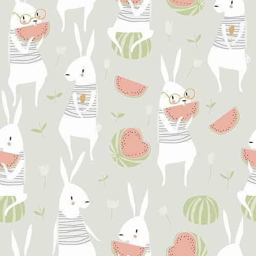 Vector seamless pattern with cute rabbits and watermelon