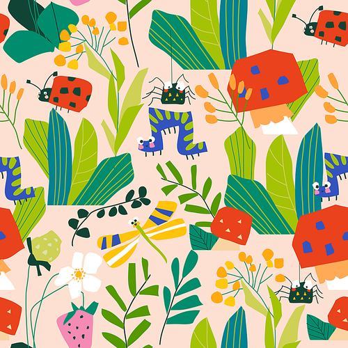 Vector seamless pattern with insects in summer plants and flowers on white background