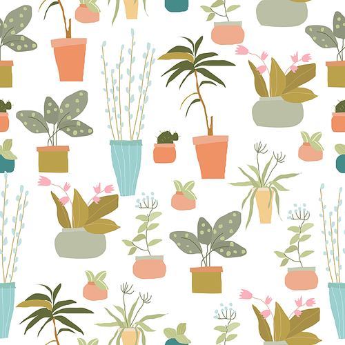 Vector seamless pattern with exotic house plants on white background