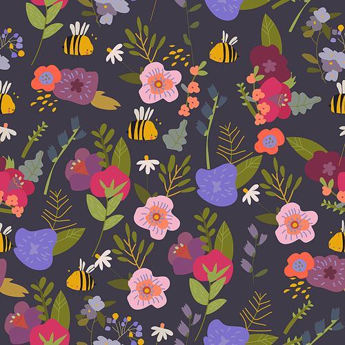 Vector Seamless pattern with summer plants and flowers on dark background