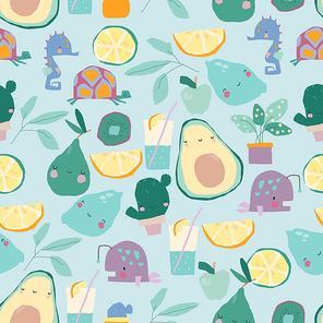 Vector Seamless pattern with Cartoon Fruits and Plants on blue Background