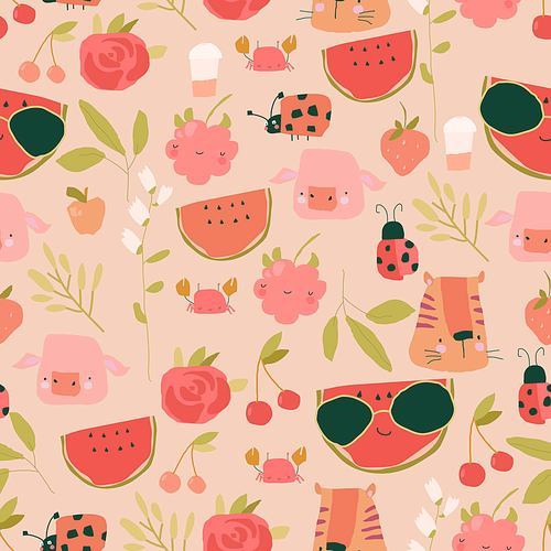 Vector Seamless pattern with Cartoon Fruits, Animals and Plants on pink Background