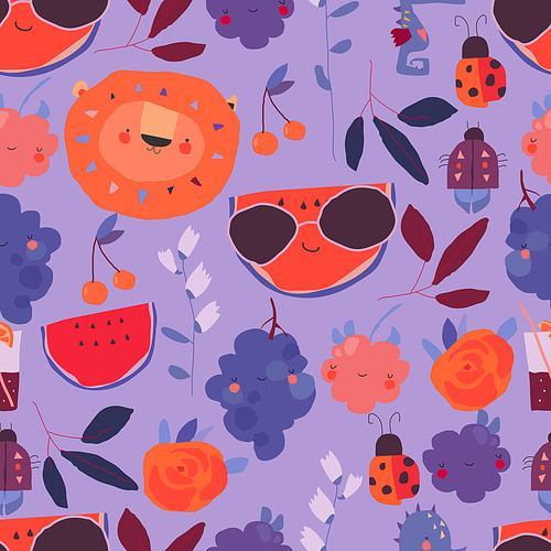 Vector Seamless pattern with Cartoon Fruits, Animals and Plants on violet Background