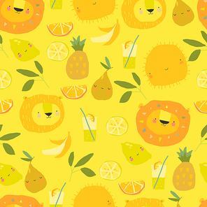 Vector Seamless pattern with Cartoon Fruits, Animals and Plants on yellow Background