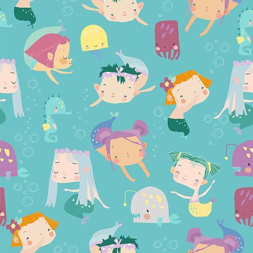Vector Seamless Pattern with Cartoon little Mermaids on blue Background