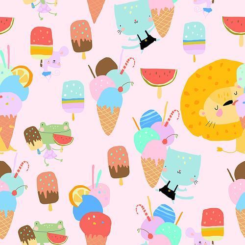 Vector Seamless Pattern with Happy Animals eating Ice Cream