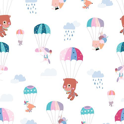 Vector Seamless Pattern with Happy Animals flying with Colorful Parachutes in the Sky