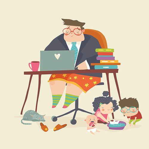 Businessman in a suit jacket and pajama bottoms working from home using laptop computer and his children playing on the floor. Vector illustration