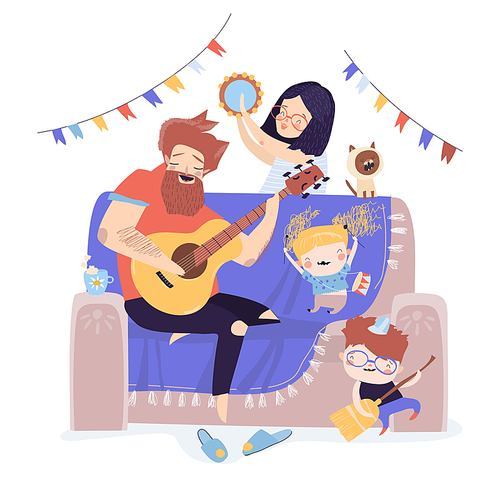 Vector cartoon illustration of happy family playing music together