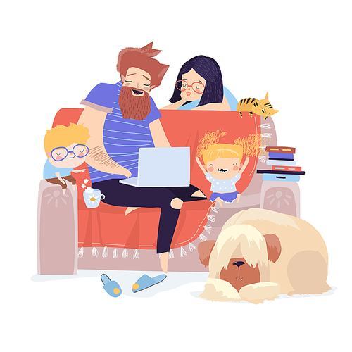 Happy family sitting on the couch with laptop. Vector illustration