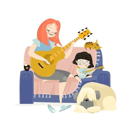 Cartoon vector illustration of mother playing guitar with her daughter