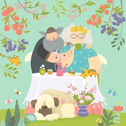 Grandmother and grandfather have lunch in blossom garden. Vector illustration