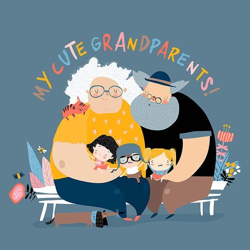 Happy grandparents with their grandchildren sitting on bench. Vector illustration