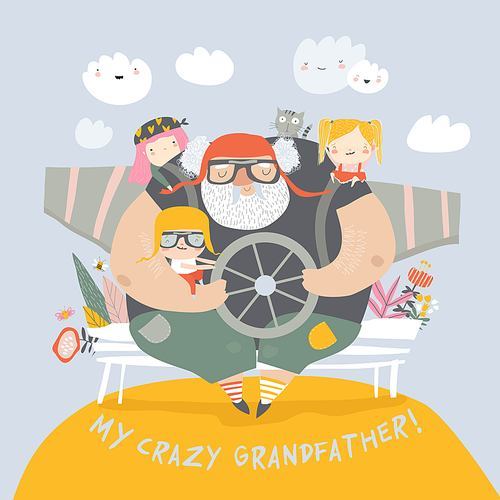 Grandfather with grandchildren playing airplane pilots. Vector illustration