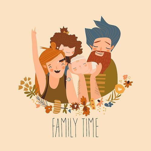 Happy family. Father, mother, son and daughter. Parents are keeping on the hands of their children. Vector illustration